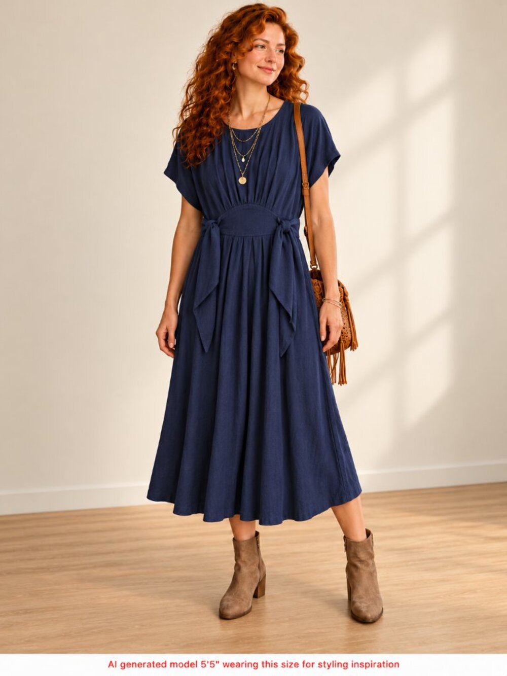 Bookish Orange Creek Navy Linen Blend Tie Waist Midi Dress Small